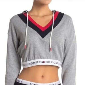 Tommy Hilfiger Logo Gray Cropped Hoodie Sweatshirt V-Neck Sz M Urban Outfitters